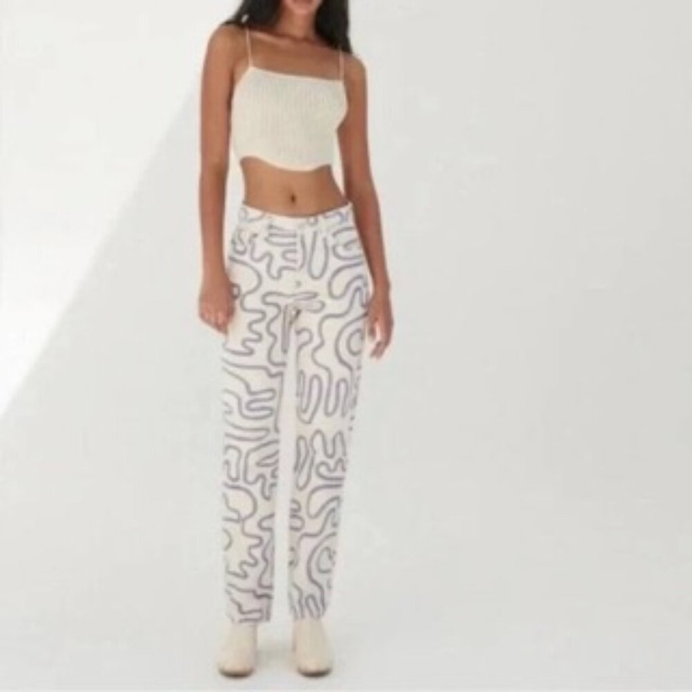 ZARA Printed Blue Squiggle Graffiti Pattern High Rise Straight Leg Jeans